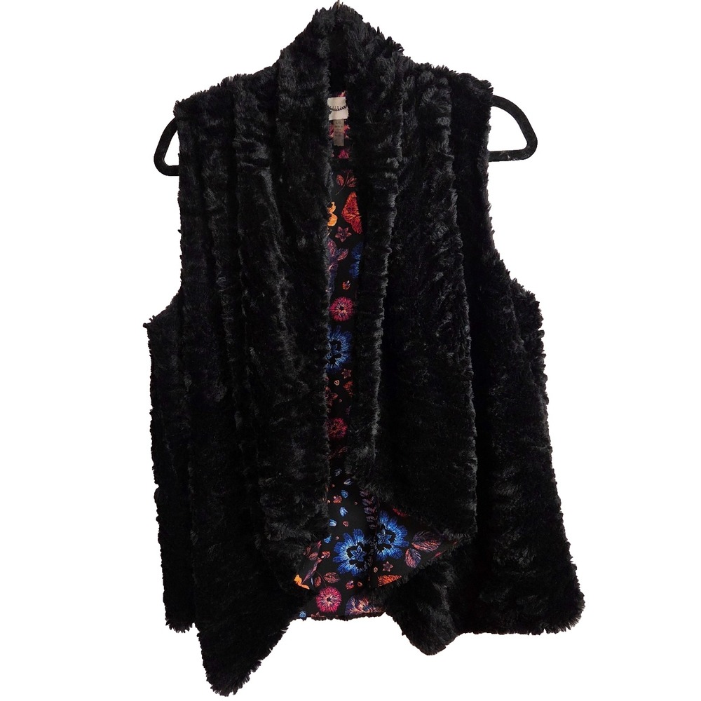 Black Faux Fur‎ Womens L Vest Floral Lining Open Front Draped Boho Festival Glam